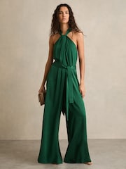 Reiss Green Rosin Satin Wide-Leg Draped Jumpsuit - Image 1 of 5