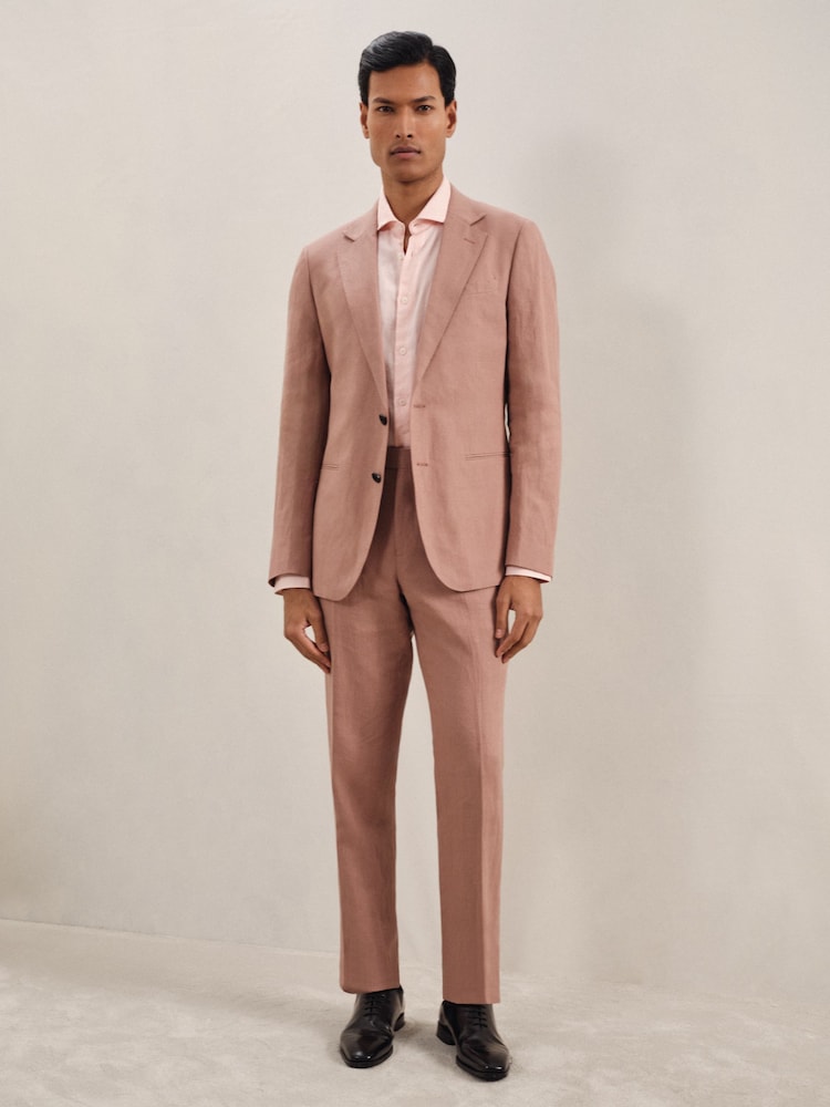 Reiss Rose Pink Kin Single-Breasted Linen Suit Blazer Slim Fit - Image 1 of 8 Reiss Rose Pink Kin Single-Breasted Linen Suit Blazer Slim Fit - Image 1 of 8