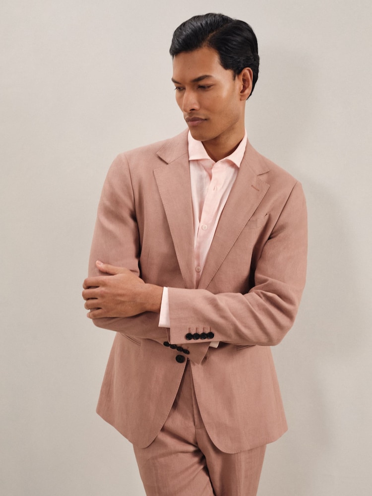 Reiss Rose Pink Kin Single-Breasted Linen Suit Blazer Slim Fit - Image 3 of 8