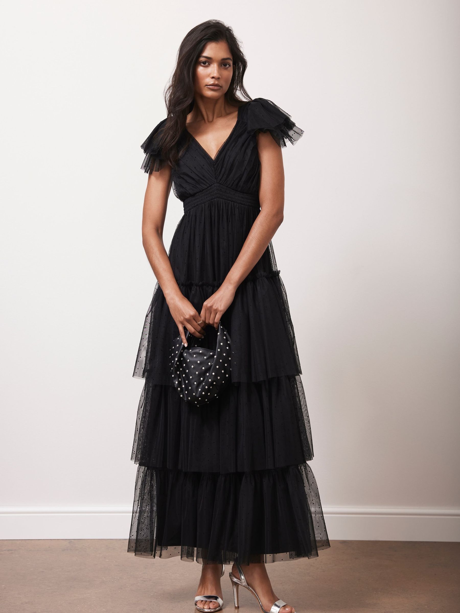 Buy Mint Velvet Black Spot Tulle Ruffle Maxi Dress from the Next