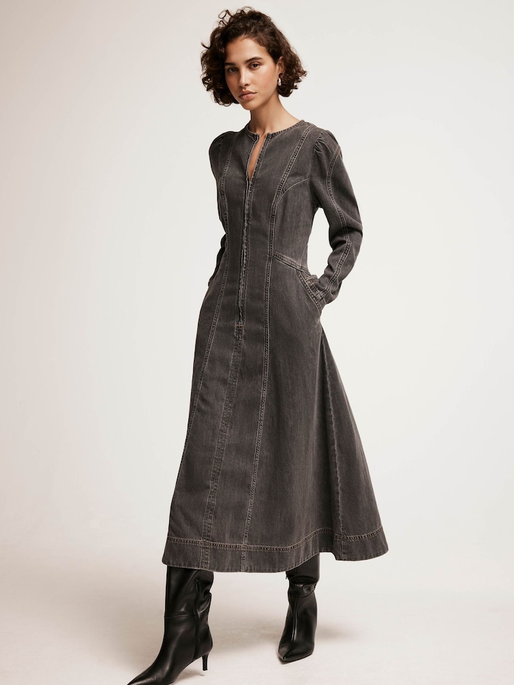 Mint Velvet Black Washed Denim 100% Cotton Midi Dress - Image 2 of 7