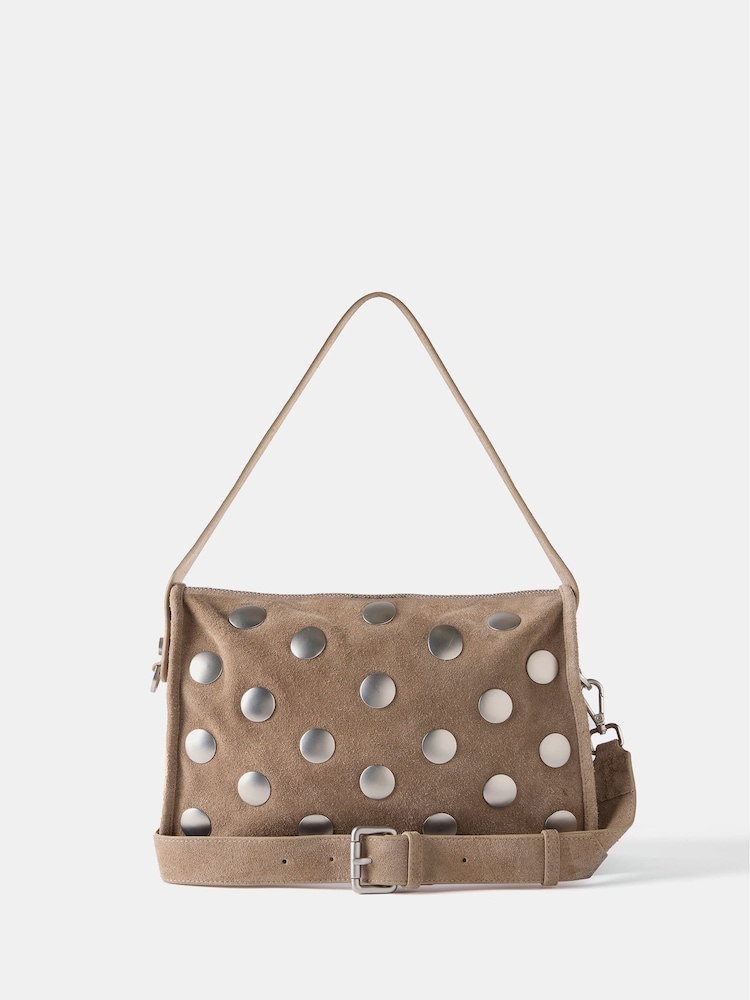 Mint Velvet Cream Suede Studded Shoulder Bag - Image 1 of 2