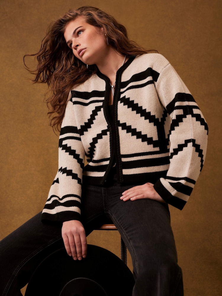 Mint Velvet Black Graphic Print Knit Jacket - Image 1 of 6