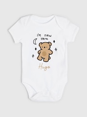 Personalised 'I'm New Here' Short Sleeve 100% Cotton Bodysuit by Dollymix - Image 1 of 4