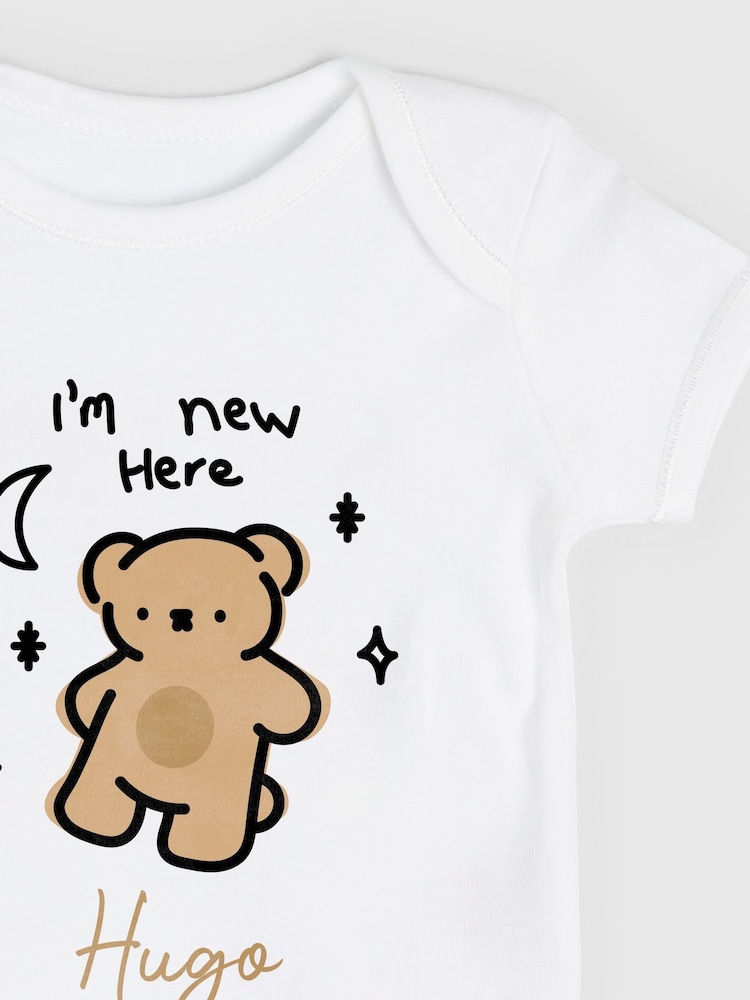Personalised 'I'm New Here' Short Sleeve 100% Cotton Bodysuit by Dollymix - Image 3 of 4