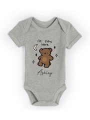 Personalised 'I'm New Here' Short Sleeve 100% Cotton Bodysuit by Dollymix - Image 1 of 4