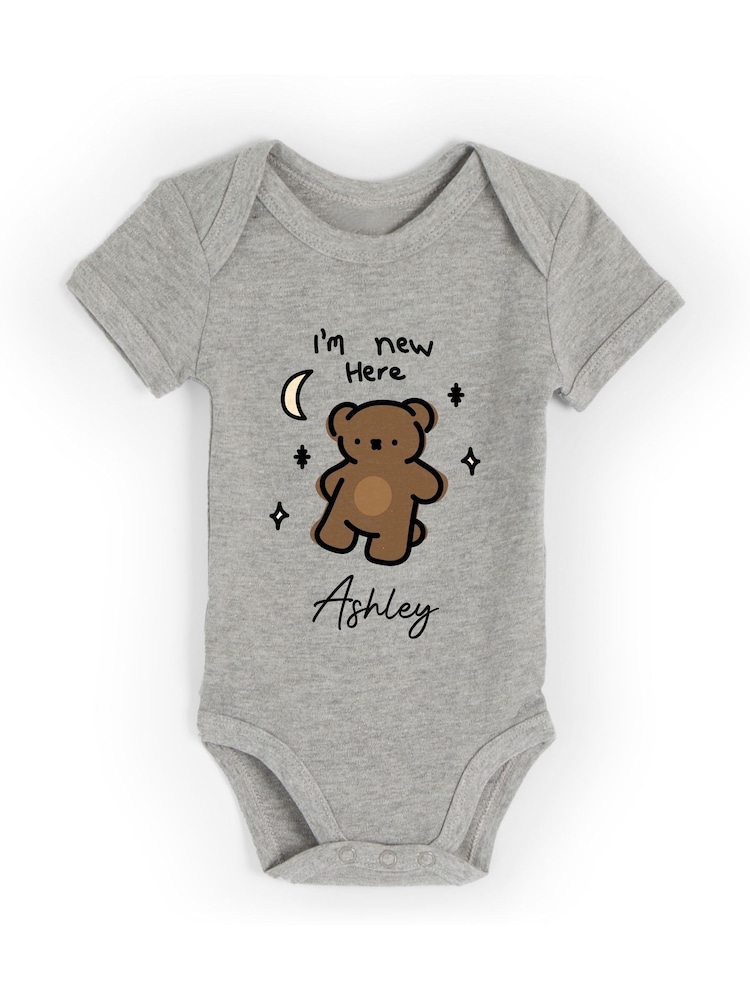 Personalised 'I'm New Here' Short Sleeve 100% Cotton Bodysuit by Dollymix - Image 1 of 4
