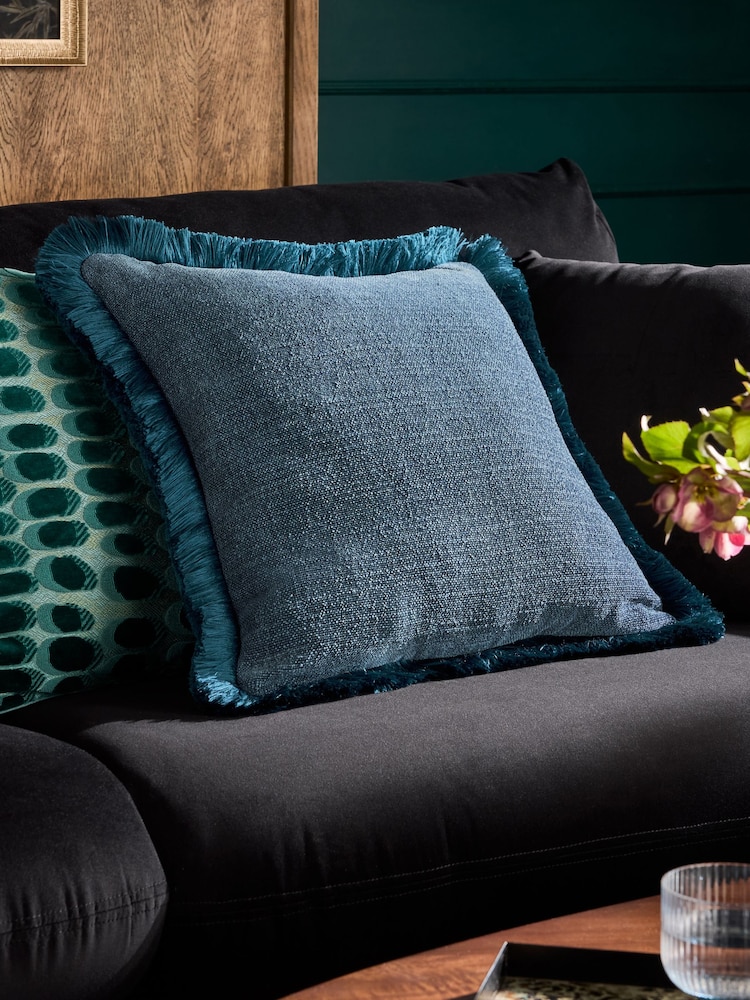 Mid Blue Chunky Fringe Chenille 50 x 50cm Cushion - Image 1 of 3