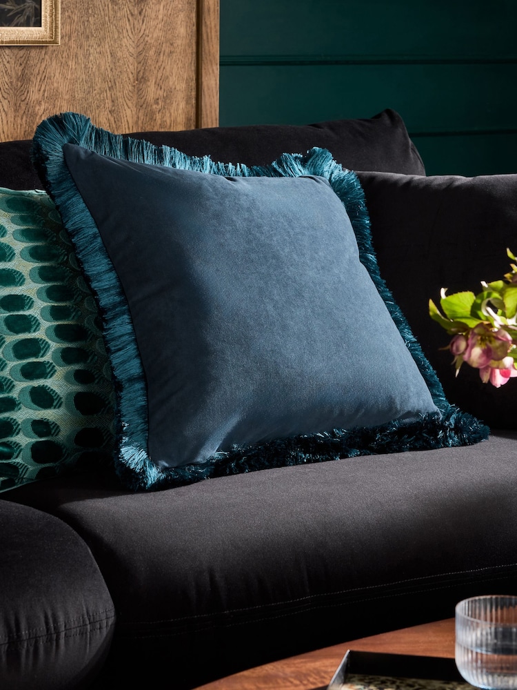 Mid Blue Chunky Fringe Chenille 50 x 50cm Cushion - Image 2 of 3