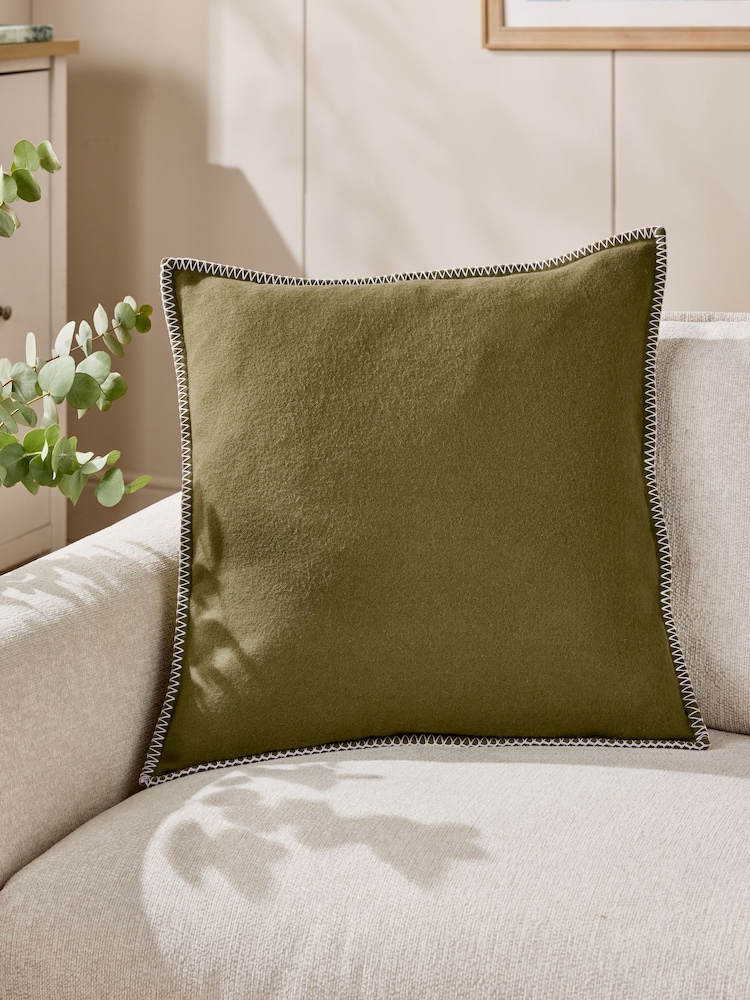 Green 50 x 50cm Wool Blend Blanket Stitch Cushion - Image 1 of 5 Green 50 x 50cm Wool Blend Blanket Stitch Cushion - Image 1 of 5