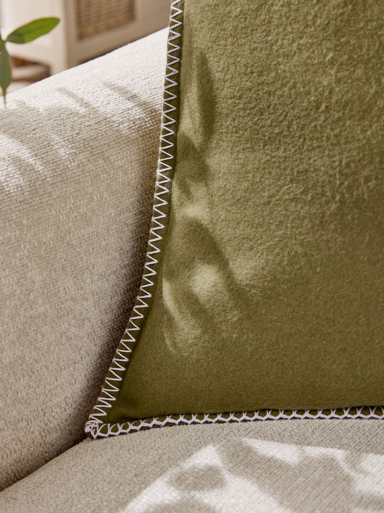 Green 50 x 50cm Wool Blend Blanket Stitch Cushion - Image 2 of 5 Green 50 x 50cm Wool Blend Blanket Stitch Cushion - Image 2 of 5