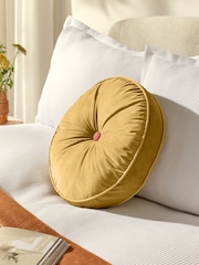 Ochre Yellow Matte Velvet Round Cushion - Image 1 of 6