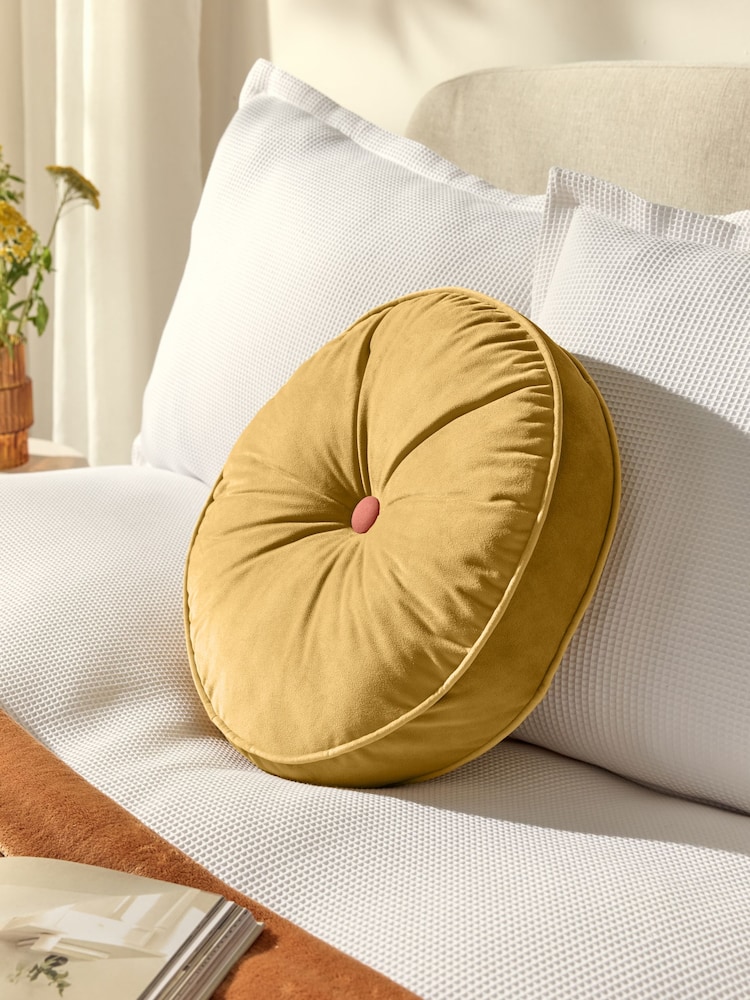 Ochre Yellow Matte Velvet Round Cushion - Image 1 of 6 Ochre Yellow Matte Velvet Round Cushion - Image 1 of 6