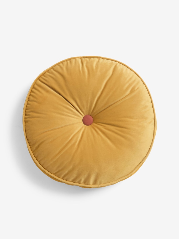 Ochre Yellow Matte Velvet Round Cushion - Image 2 of 6 Ochre Yellow Matte Velvet Round Cushion - Image 2 of 6