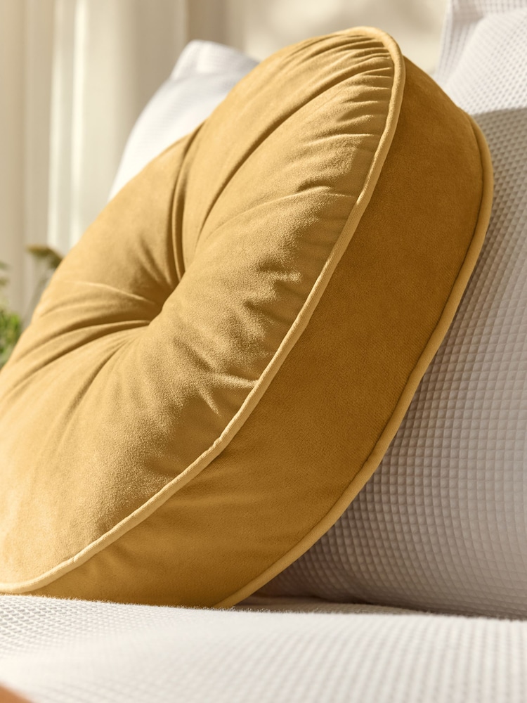 Ochre Yellow Matte Velvet Round Cushion - Image 6 of 6 Ochre Yellow Matte Velvet Round Cushion - Image 6 of 6