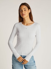 Tommy Jeans White Slim Pointelle 100% Cotton T-Shirt - Image 1 of 7