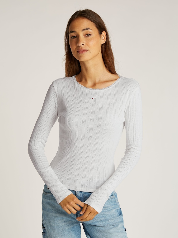 Tommy Jeans White Slim Pointelle 100% Cotton T-Shirt - Image 1 of 7