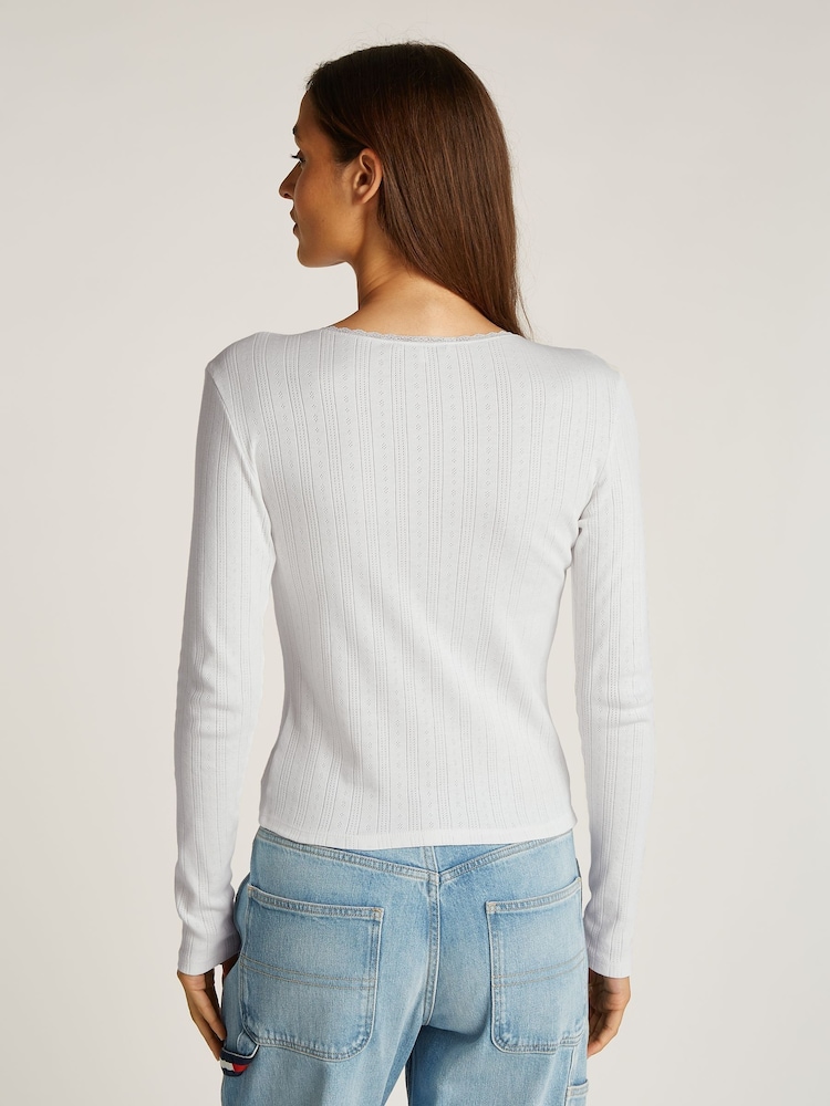 Tommy Jeans White Slim Pointelle 100% Cotton T-Shirt - Image 2 of 7