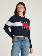 Tommy Jeans Blue Center Flag 100% Cotton Jumper - Image 1 of 7