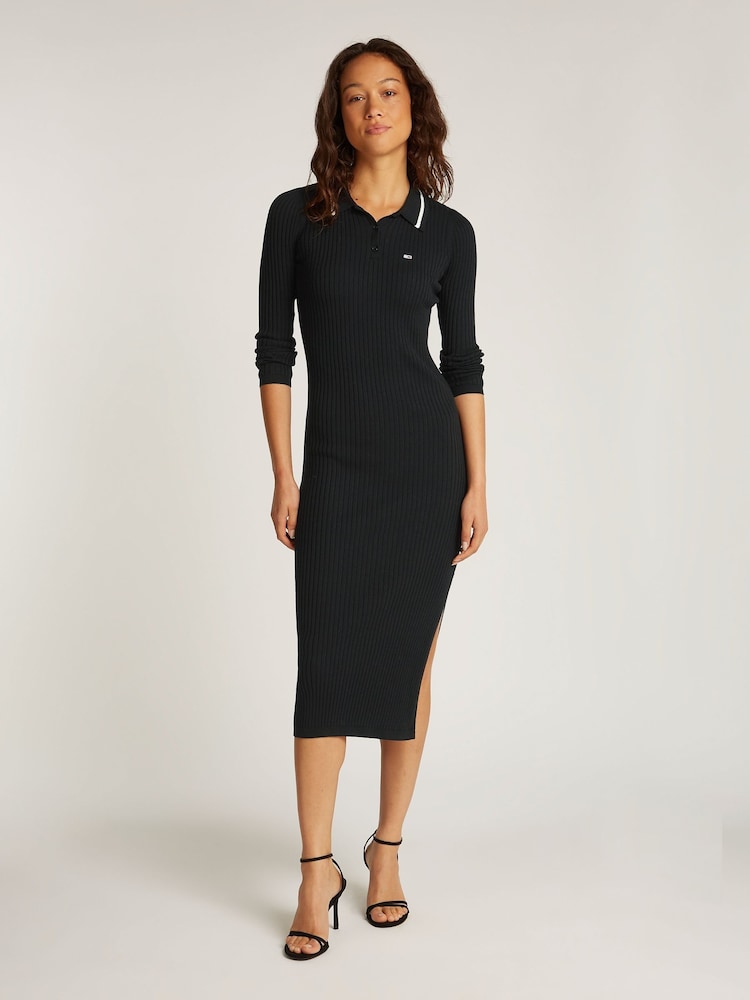 Tommy Jeans Black TJW Long Sleeve Polo Midi Dress - Image 1 of 6