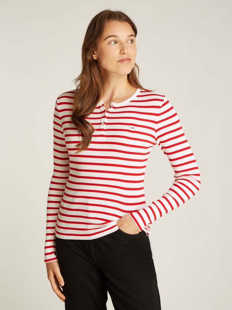 Tommy Jeans Red 100% Cotton Button Rib T-Shirt - Image 1 of 7