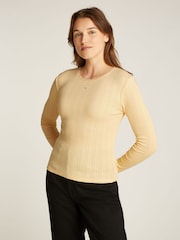 Tommy Jeans Cream Slim Pointelle 100% Cotton T-Shirt - Image 1 of 7