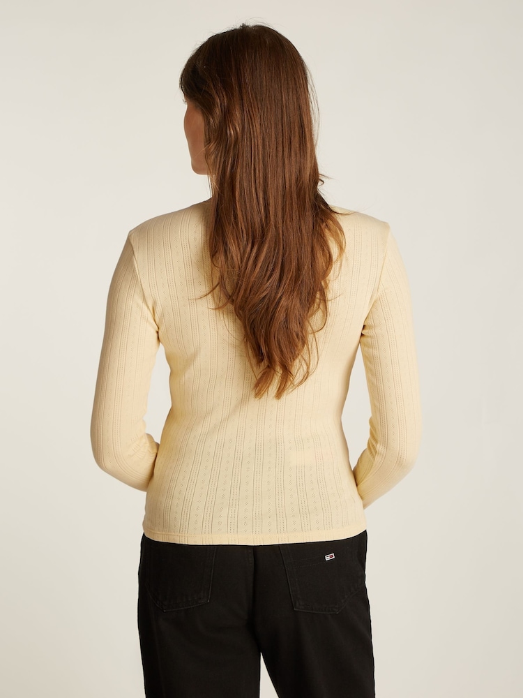 Tommy Jeans Cream Slim Pointelle 100% Cotton T-Shirt - Image 2 of 7