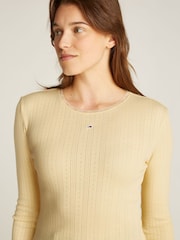 Tommy Jeans Cream Slim Pointelle 100% Cotton T-Shirt - Image 3 of 7