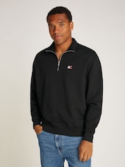 Tommy Jeans Black Black Badge Quarter Zip 100% Cotton Sweatshirt - Image 1 of 7