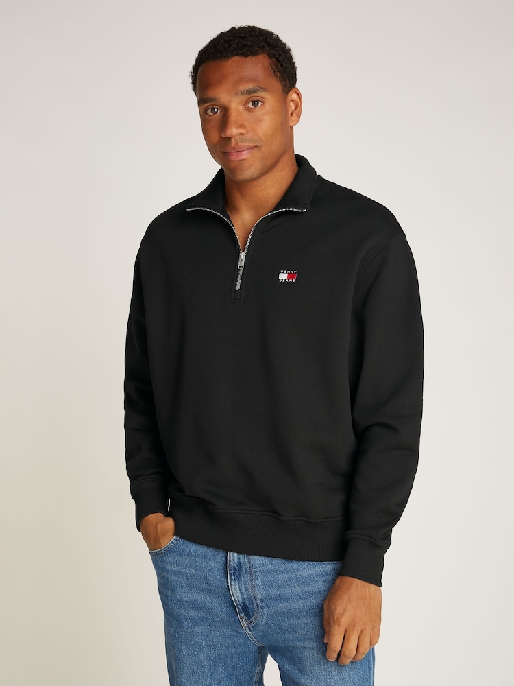 Tommy Jeans Black Black Badge Quarter Zip 100% Cotton Sweatshirt - Image 1 of 7