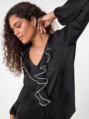 Roman Black Ruffle Front V-Neck Satin Blouse - Image 1 of 5