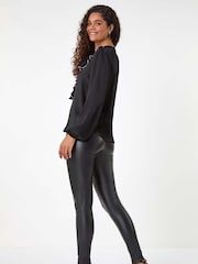 Roman Black Ruffle Front V-Neck Satin Blouse - Image 3 of 5
