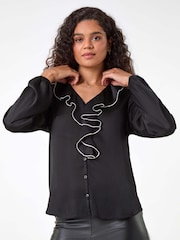 Roman Black Ruffle Front V-Neck Satin Blouse - Image 4 of 5
