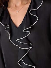 Roman Black Ruffle Front V-Neck Satin Blouse - Image 5 of 5
