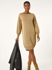 Roman Yellow Shimmer Slash Neck Jumper Dress - Image 3 of 6