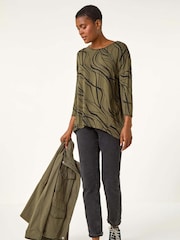 Roman Green Abstract Line Print Stretch Jersey Top - Image 1 of 6