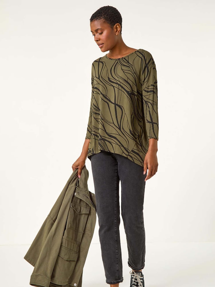 Roman Green Abstract Line Print Stretch Jersey Top - Image 1 of 6