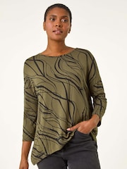 Roman Green Abstract Line Print Stretch Jersey Top - Image 3 of 6
