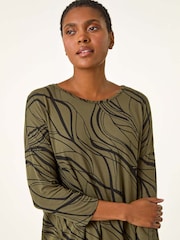 Roman Green Abstract Line Print Stretch Jersey Top - Image 5 of 6