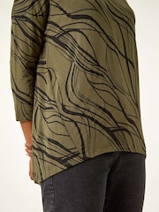 Roman Green Abstract Line Print Stretch Jersey Top - Image 6 of 6