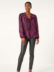 Roman Purple Linear Print V-Neck Ruffle Front Top - Image 2 of 5
