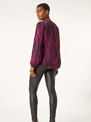 Roman Purple Linear Print V-Neck Ruffle Front Top - Image 3 of 5