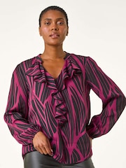 Roman Purple Linear Print V-Neck Ruffle Front Top - Image 4 of 5