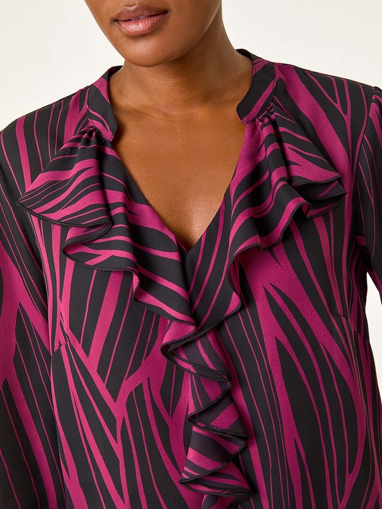 Roman Purple Linear Print V-Neck Ruffle Front Top - Image 5 of 5