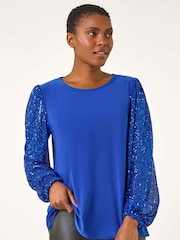 Roman Blue Sequin Sleeve Stretch Top - Image 2 of 5