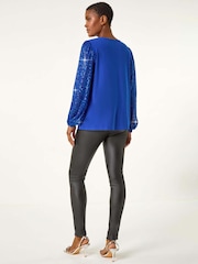 Roman Blue Sequin Sleeve Stretch Top - Image 3 of 5