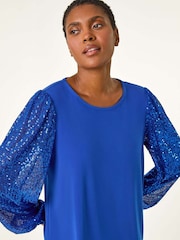 Roman Blue Sequin Sleeve Stretch Top - Image 4 of 5