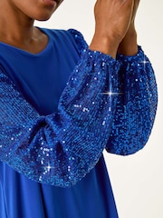 Roman Blue Sequin Sleeve Stretch Top - Image 5 of 5