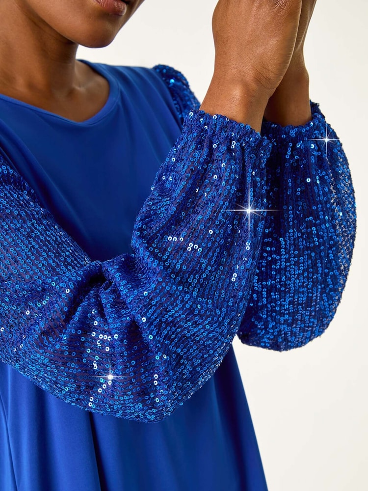 Roman Blue Sequin Sleeve Stretch Top - Image 5 of 5