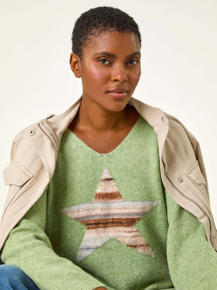 Roman Green Soft V-Neck Star Jumper - Image 2 of 5 Roman Green Soft V-Neck Star Jumper - Image 2 of 5